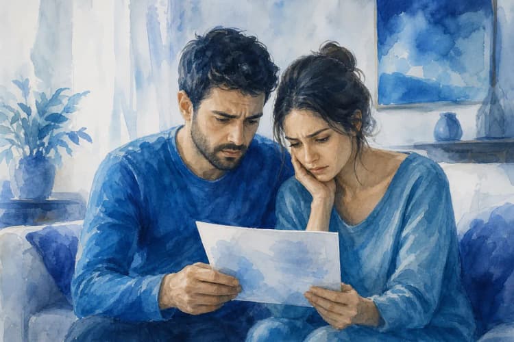Um casal preocupado olhando para um resultado de exame médico.