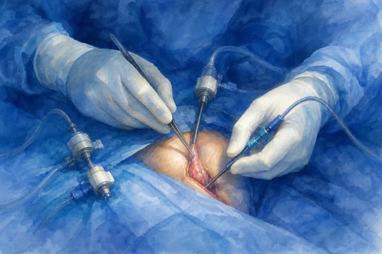 Um cirurgião realizando um procedimento minimamente invasivo para tratar varicocele.