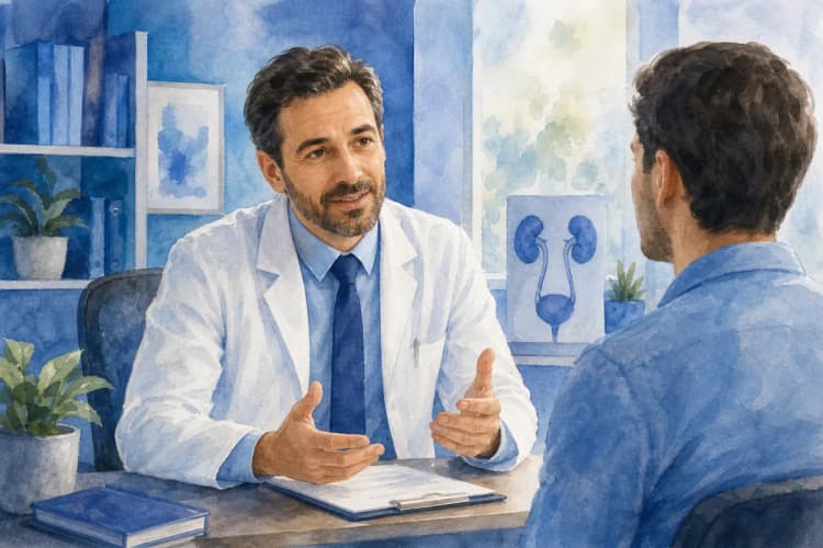 Um médico urologista conversando com um paciente em um consultório.