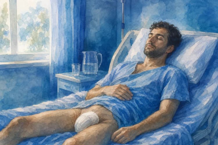 Homem deitado em uma cama de hospital, com curativo na região genital.