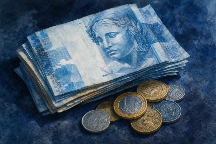 Notas de dinheiro empilhadas e moedas em cima de uma superfície escura.