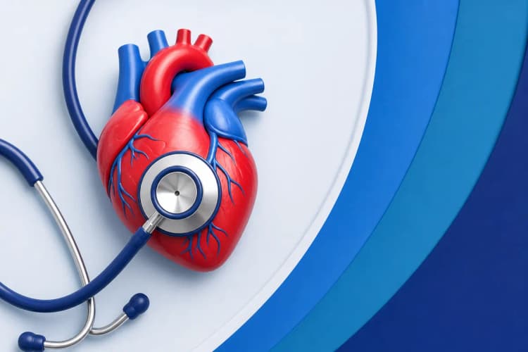 Close-up de um estetoscópio sobre um coração estilizado, simbolizando saúde cardiovascular.