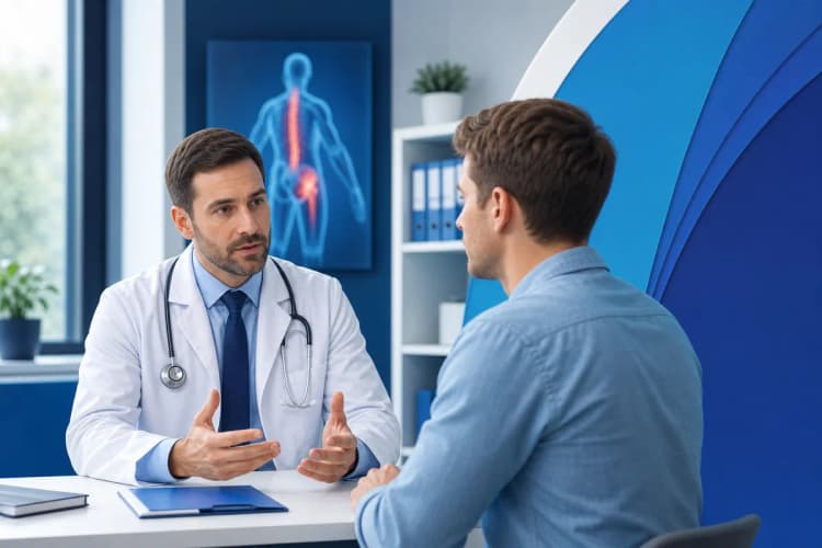 Médico conversando com um paciente em um consultório, ambos com expressões sérias.