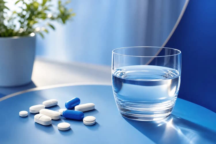 Pílulas e um copo d'água sobre uma mesa, representando tratamento médico.