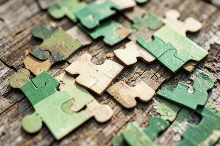Um conjunto de peças de quebra-cabeça de madeira espalhadas sobre uma superfície texturizada, com algumas peças se encaixando parcialmente.