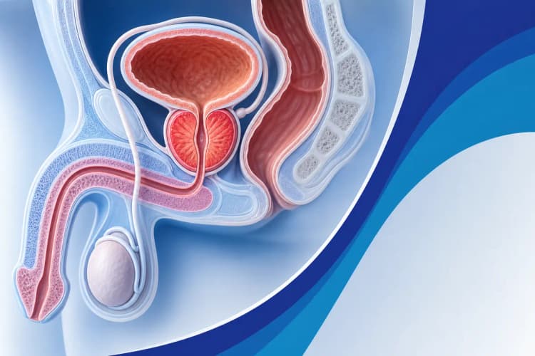 Ilustração médica mostrando a glândula da próstata em relação à bexiga e uretra.