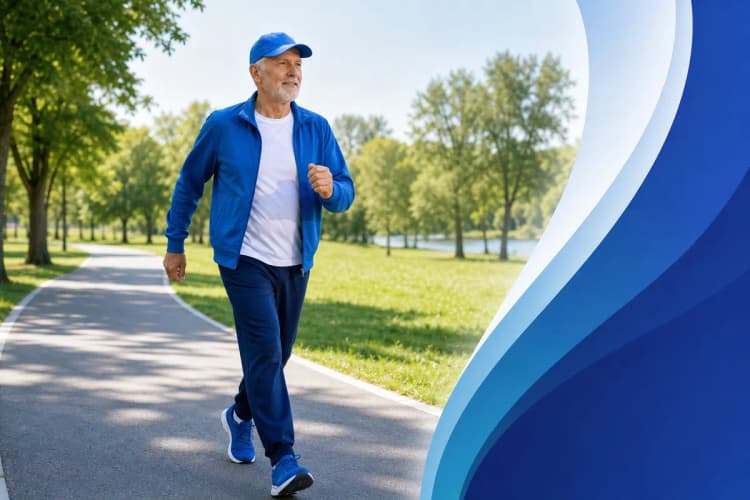 Homem mais velho praticando esportes ao ar livre, como caminhada ou corrida leve.