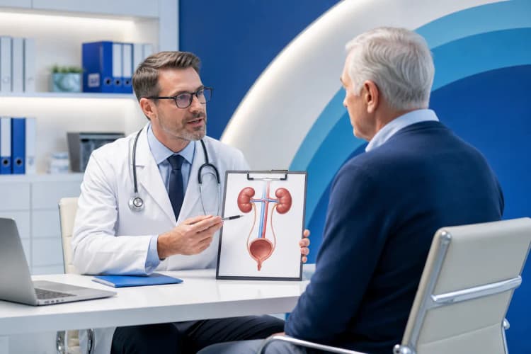 Médico explicando um exame para um paciente mais velho em um consultório.