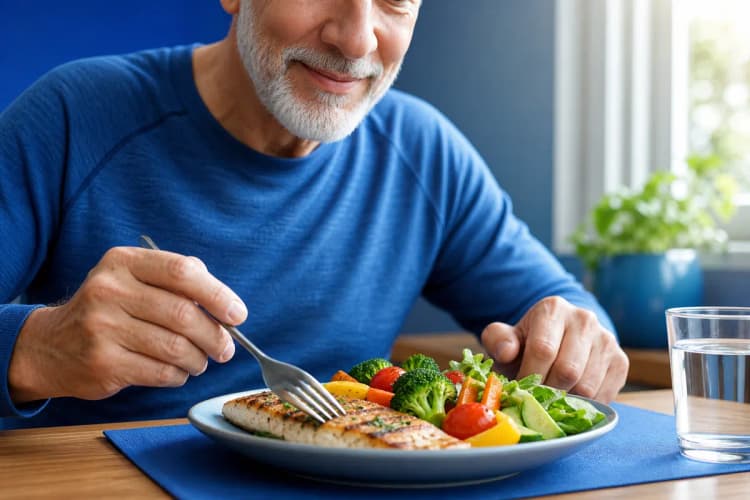 Homem mais velho comendo uma refeição saudável, com vegetais e peixe.