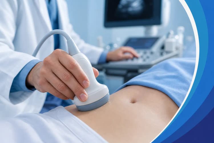 Um médico medindo o tamanho da próstata de um paciente com um ultrassom.