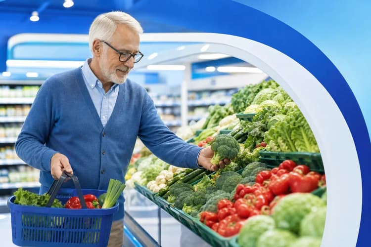 Um homem mais velho fazendo compras em um supermercado, representando a idade como fator de risco para próstata aumentada.
