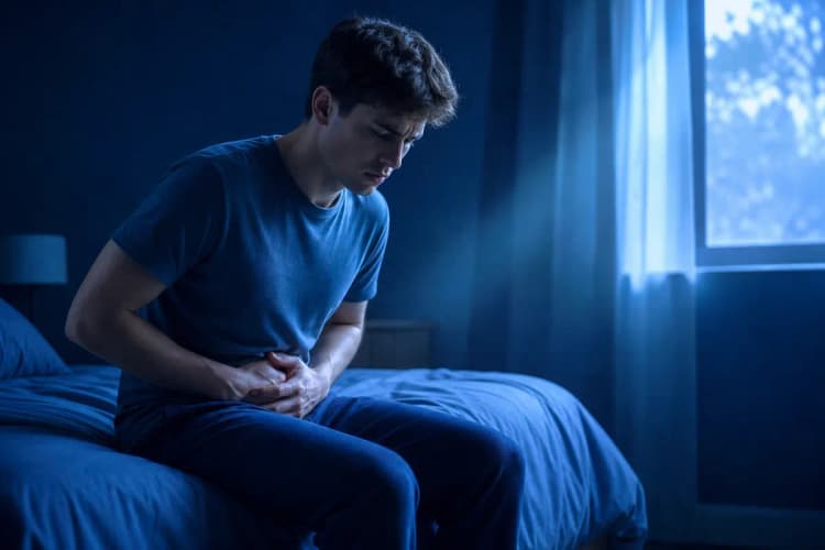 Jovem preocupado olhando para baixo, com as mãos no abdômen, em um quarto escuro.