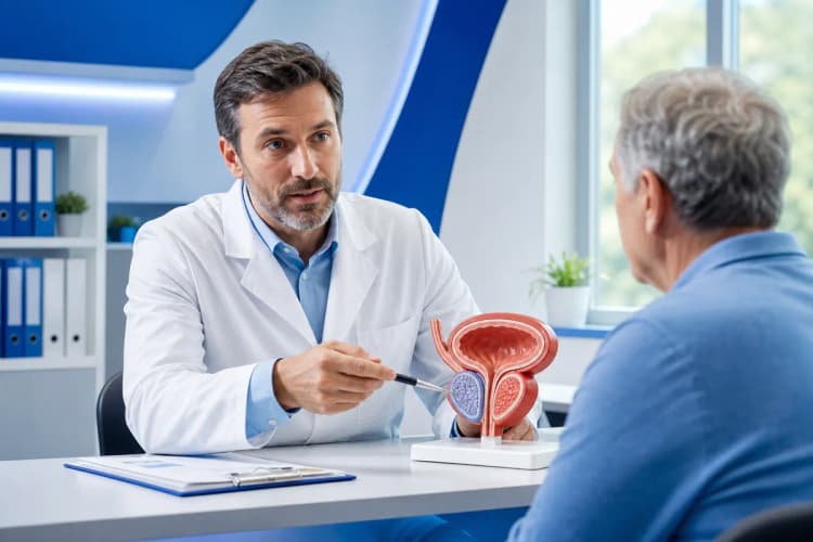 Médico conversando com um paciente e apontando para um modelo de próstata.