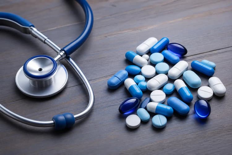 Pílulas e um estetoscópio sobre uma mesa, simbolizando tratamento médico.