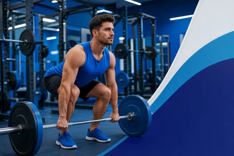 Homem fazendo exercícios físicos em uma academia, com foco em um estilo de vida saudável.