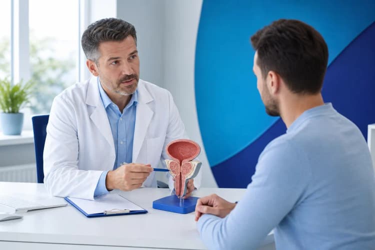 Médico conversando com um paciente e apontando para um modelo de próstata.