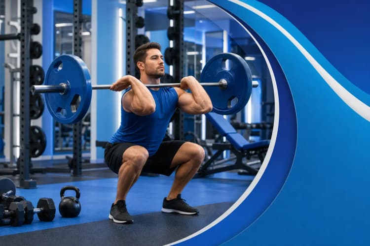 Homem fazendo exercícios físicos em uma academia, com foco em um estilo de vida saudável.