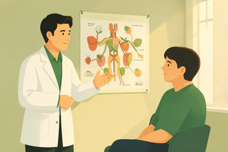 Urologista em consultório médico explicando um exame para um paciente.