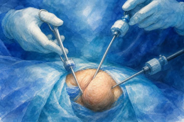 Cirurgia minimamente invasiva para correção de varicocele, com instrumentos delicados.