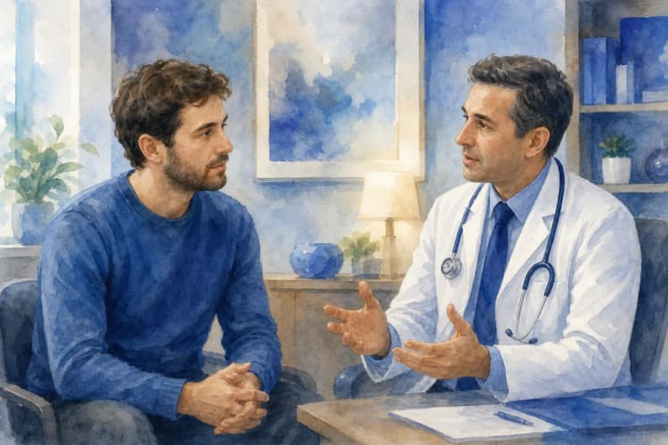 Paciente conversando com um médico especialista em um consultório médico.