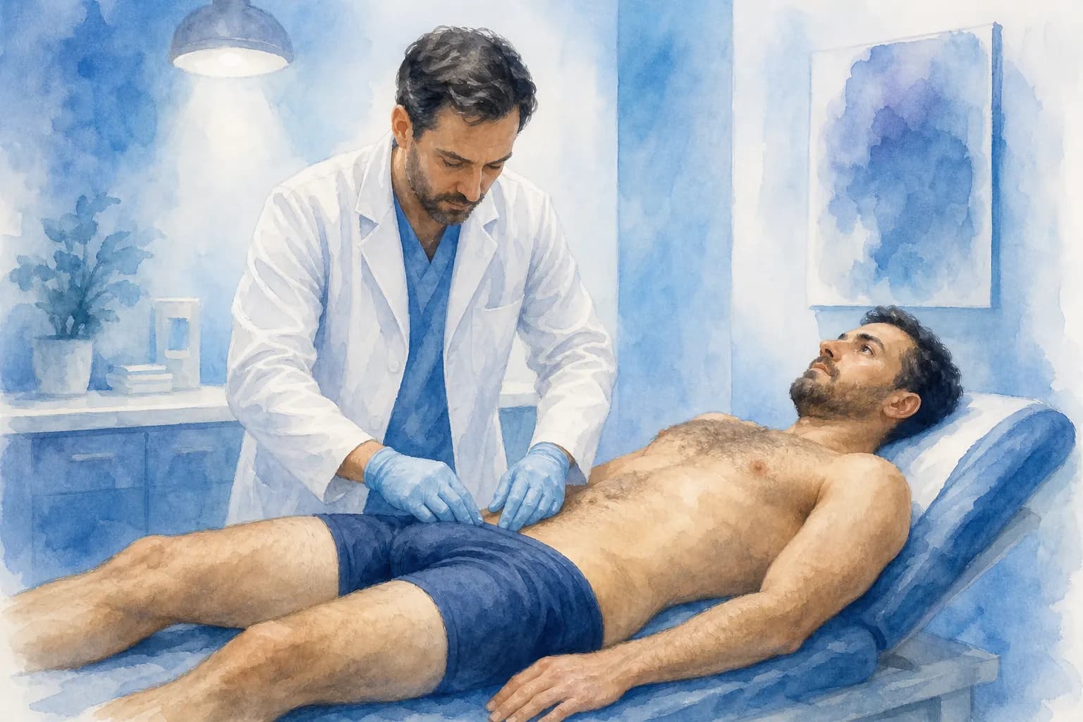 Um médico examinando um paciente em um consultório, com foco na região pélvica do paciente.