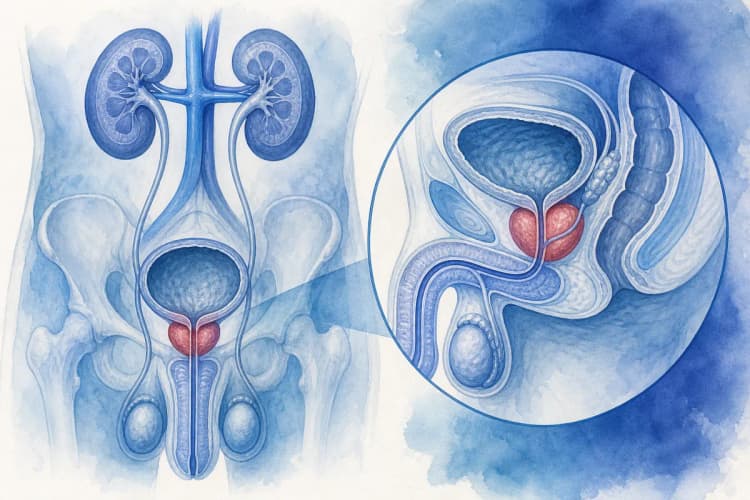 Gráfico de um sistema urinário masculino com a próstata destacada em vermelho