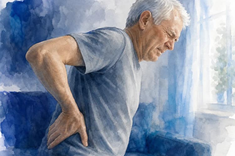 Homem mais velho tocando a parte inferior das costas com uma expressão de dor