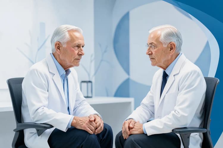 Homem mais velho conversando com um médico em um consultório médico.