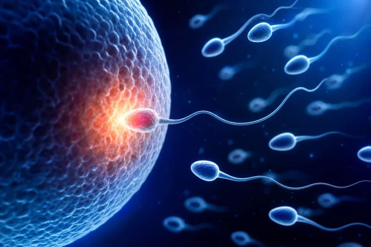 Espermatozoides nadando em direção a um óvulo, em detalhe, com iluminação dramática e fundo escuro.