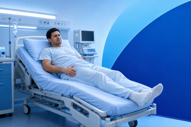 Um homem deitado em uma cama de hospital, com a mão na região escrotal, em plano geral, com luz fria de hospital.