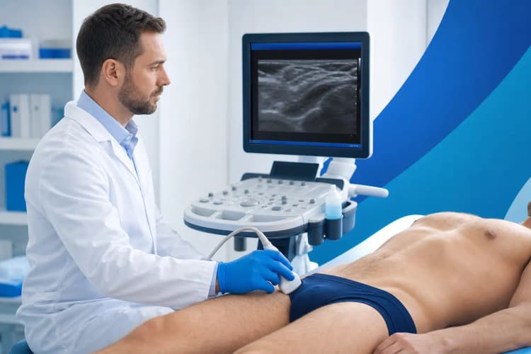 Um médico examinando um paciente com um aparelho de ultrassom, em plano médio, com luz clara de consultório.
