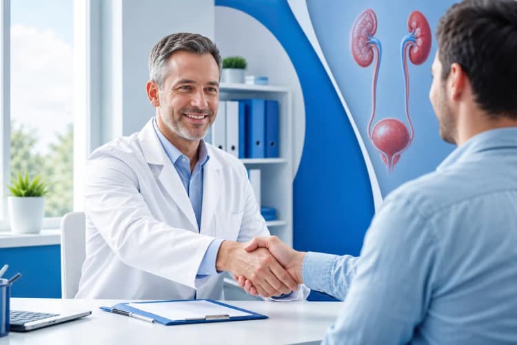 Um médico urologista sorrindo e apertando a mão de um paciente em um consultório médico, em plano médio, com luz natural de janela.